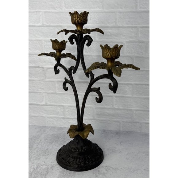 Vintage Ornate Wrought Iron and Brass 3 Arm Candelabra Candle Holder 12" tall - Picture 4 of 9